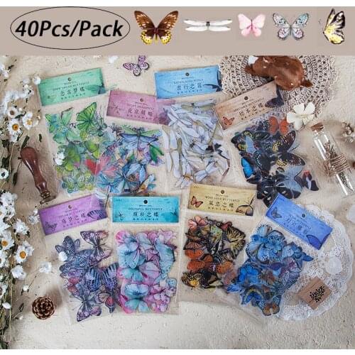 1 Pack ( 40 Pcs Stickers ) Colorful Butterfly Dragonfly PET Specimen Stickers DIY Book Album Decorative Wall Stickers 8 Styles