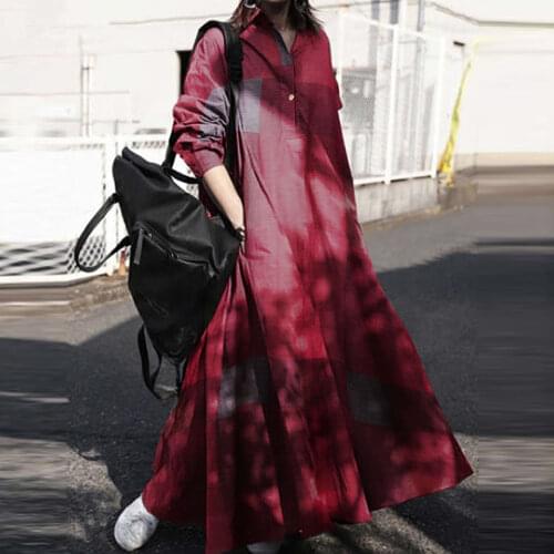 EaseHut Women Shirt Dress Cotton Vintage Plaid Dress Print Dress Long Sleeve Side Pocket Casual Loose Plus Size Female Robe Gown