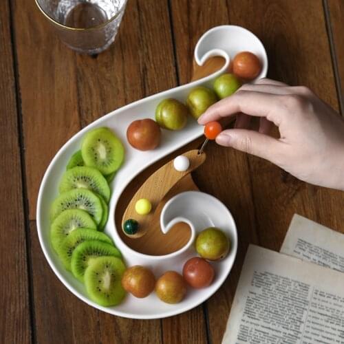 Nordic Ceramic Fruit Sushi Plate with Fruit Fork Simple Living Room Office with Bamboo Wood Snack Dessert Candy Plate Irregular