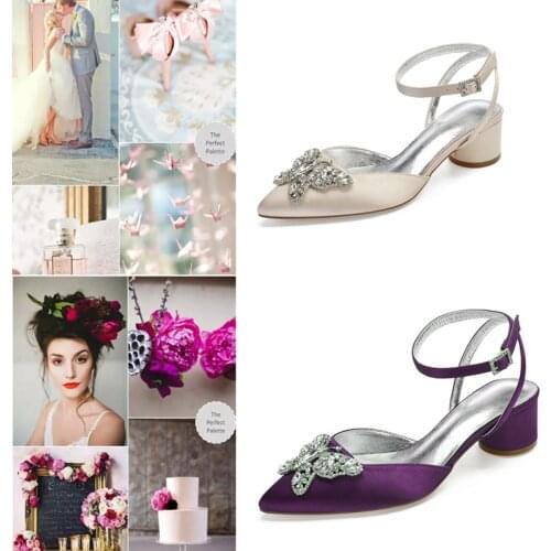 Round Heel Slingback Dressing Pumps Butterfly Rhinestones Bride Wedding Shoes