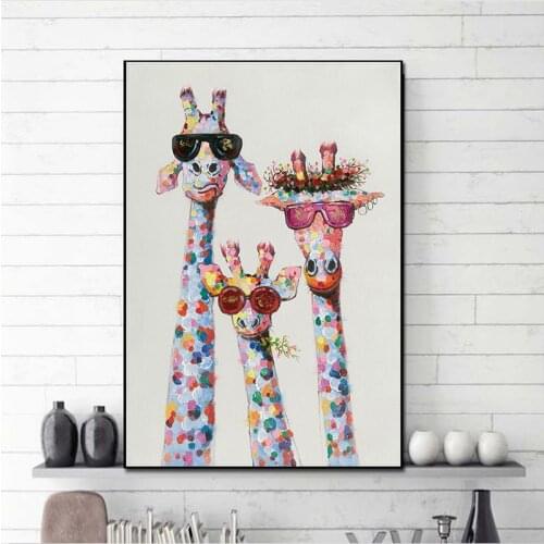 MUTU Art Colorful Oil Animal Giraffe A family With Glasses Painting Canvas Picture Canvas Printings wall Art For Bedding Room