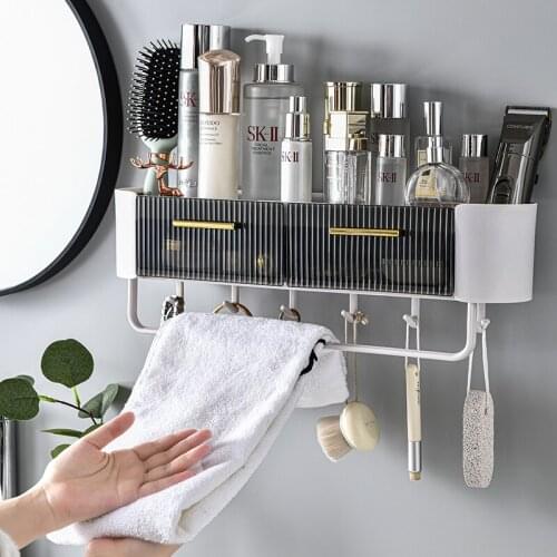 Wall-mounted Storage Rack With Drawers Shelf With Hooks Towel Bar For Bathroom Organizer Kitchen Holder With Aromatherapy Groove