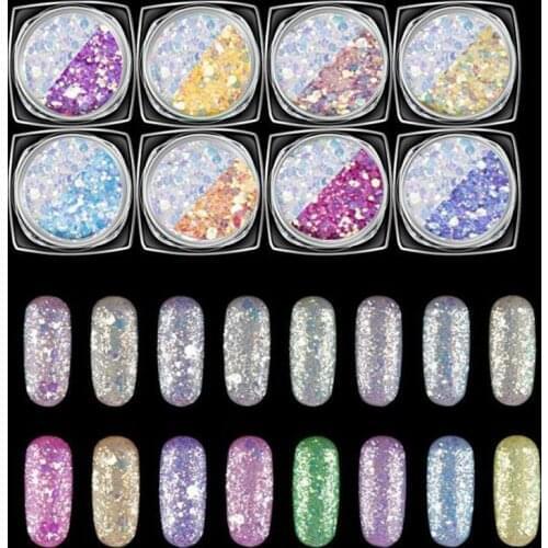 New!!! 1 Lot= 8 Boxes Glitter Phosphor Sequins Mermaid Iridescent Nail Art Glitters Powder Dust For Acrylic UV Gel Polish DMT08