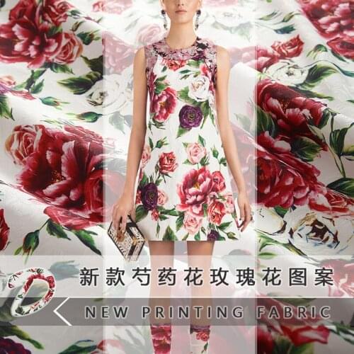 2018 new brand peony flower rose pattern leaf jacquard fabric digital printing cloth fabric for dress factory direct sales