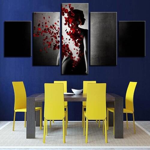 Printed Modular Abstract Picture Canvas 5 Panel Petals Woman Framework Painting For Bedroom Living Room Home Wall Art Decor