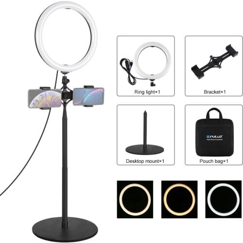 PULUZ 140cm Round Base Desktop Mount + Live Broadcast Dual Phone Bracket + 10.2 inch 26cm LED Ring Vlogging Video Light Kits