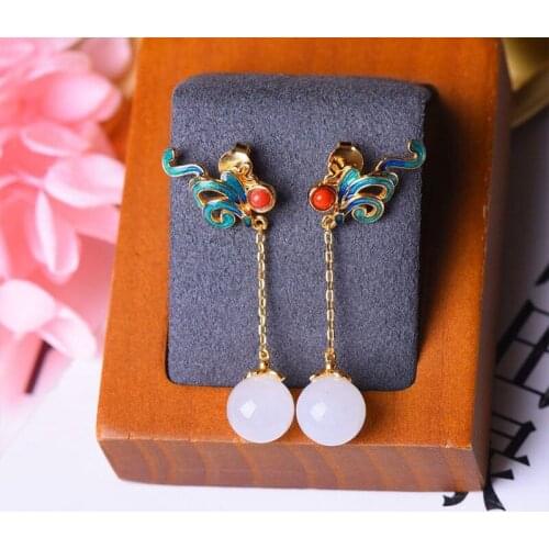 Silver inlaid natural Hetian white jade long earrings Chinese style ancient Flower Charm elegant gilt light luxury lady jewelry
