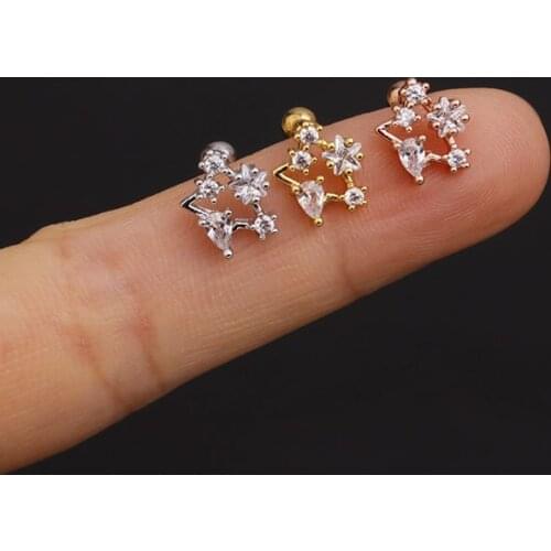 1 PCS Elegant Zircon Hollow Star Shape Helix Earring Cute Small Round Ball Ear Cartilage Stud Cuff Jewelry