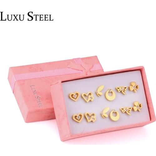 LUXUSTEEL 6pairs/Box Earring Sets Stainless Steel Gold/Silver Color Stud Earrings Female Bijoux Pendientes Crystal Jewelry