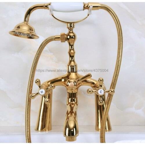 Golden Clawfoot Bathtub Faucet telephone style Deck Mounted Bath Shower Water Mixer tap with Handshower Nna146