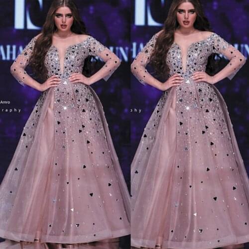 SuperKimJo Luxury Arabic Prom Dresses Long Sleeve Crystal Beaded Elegant Sparkly Prom Gown Vestido De Fiesta