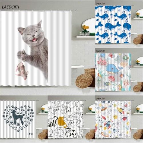 Cartoon Fun Animal Dog Cat Horse Footprint Love Heart Pattern Shower Curtain White Background Child Bathroom Waterproof Screen
