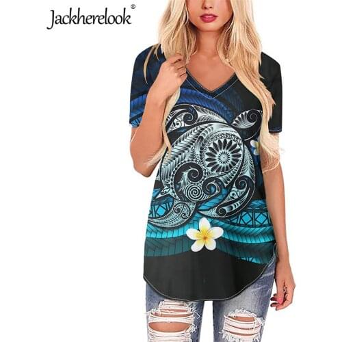 Jackherelook Kanaka Polynesian Tribal Turtle Hibiscus Tattoo Brand Design Woman Short Sleeve Blouse Summer V-neck Tops Shirts