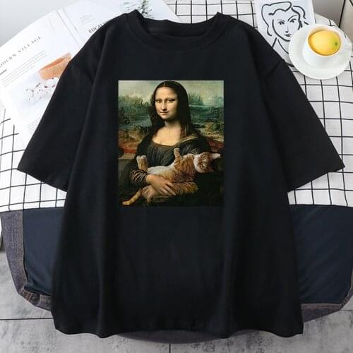 Famous Painting Mona Lisa Cat Womens T-Shirt Korean Style Casual T Shirts 2021 Summer Cool T Shirt Fashion Ins Tees For Women
