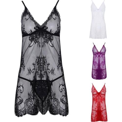 Women Summer Lace Nightgown Sleepwear Pyjamas Negligee Babydoll Sexy Bathrobe Female Home Clothes Red S-XXL