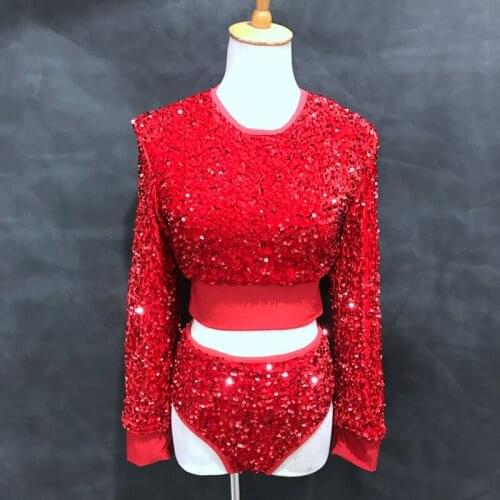 Pole Dance Clothing Women Long Sleeve Tops Pole Dance Shorts Red Sequin Nightclub Party Performance Costume Rave Outfit VDB3170