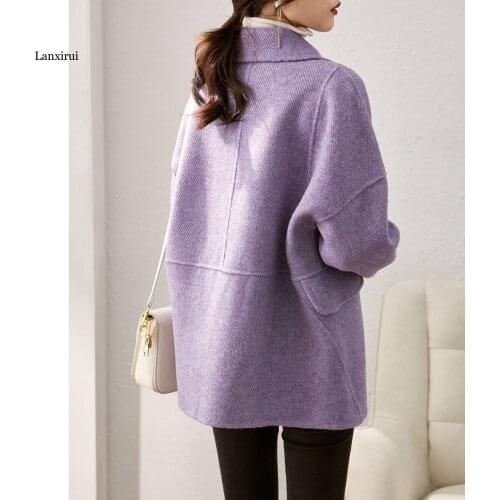 Korean Style Chic Trendy Popular Solid Blends Women Purple Elegant Loose Sash Double Breasted Winter Warm College Students Lady