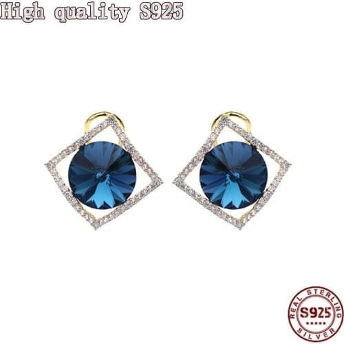 High Quality Simple Fashion Short Blue Crystal Square S925 Silver Needle Retro Temperament Geometric Womens Earrings