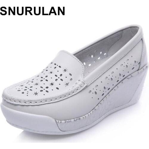 SNURULAN Breathable Comfortable Women Flats New Arrival Split Leather Shoes Women Summer Spring Hollow PlatformShoes Lazy E153