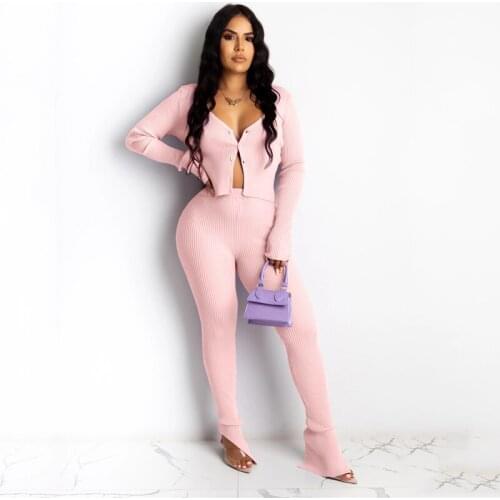 2020 Women Autumn and Winter Two Piece Set Lady Knitted Elastic Long Sleeve Top + Sexy Split Trousers Outfits 2Pcs Suit Femme