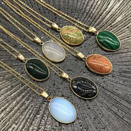Women Men Geometric Oval Birthstone Jewelry Necklaces Natural Amethysts Turquoises Malachite Opal Quartz Stone Pendant Necklaces