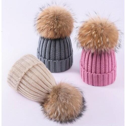 Winter knitted Female Fur Pom Poms hat real raccoon fur ball woolen female hat thickened warm Thick Women Skullies Beanies