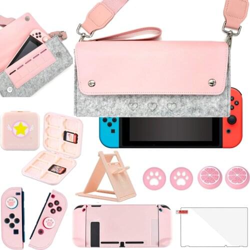 10 in 1 Pink Bundle Accessories for Switch Carry Case Shockproof Travel Case Handbag with Game Stand,Card Case, Thumb Grips