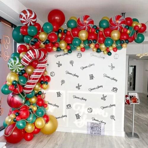 172pcs Merry Christmas Balloons Garland Red Green DIY Balloon Chain Helium Round Foil Candy Globos Santa Claus Candy Canes