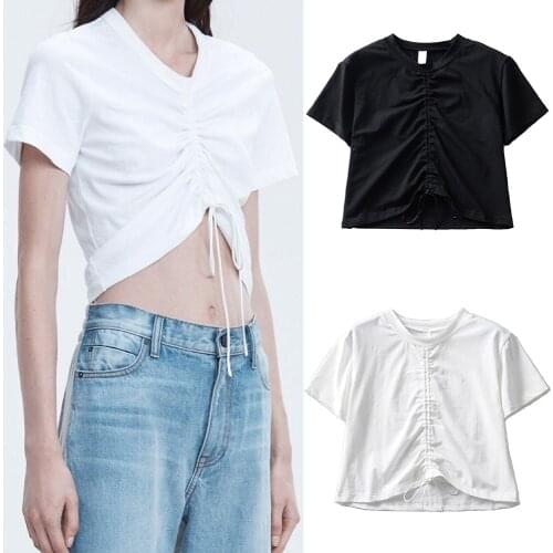 2020 Fall Sexy Women Crop Top T Shirts O Neck Short Sleeve Cotton Tshirt Pleated Stretch Front Tie Up Casual Summer Tops Clothes