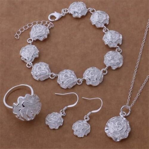 AS196 Hot Silver Color Jewelry Sets For Women Wholesale Free Shipping Bracelet 023 + Necklace 301 + Earring 288 + Ring 286
