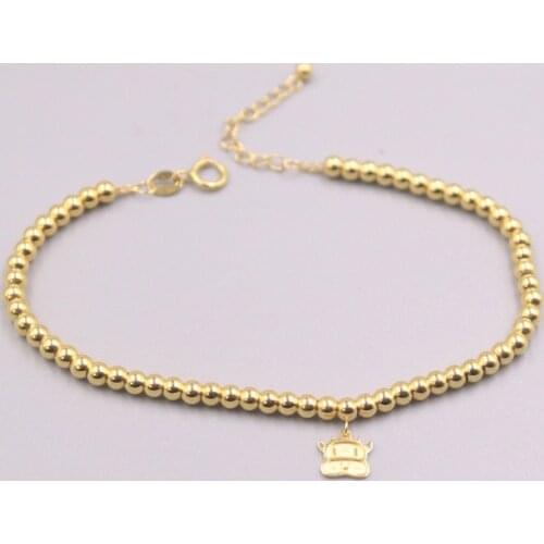 Pure 18K Yellow Gold Bracelet Cow Glossy Beads Link Chain Adjustable Bracelet Woman Lucky Gift 1.9g