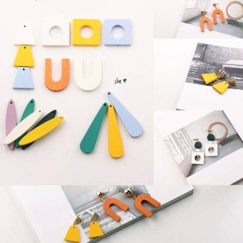 Solid Geometric Wooden Square Trapezoidal Pendant Eardrop Charms Diy Jewelry Handmade Material Finding 6pcs