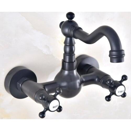 Black Oil Rubbed Antique Brass Bathroom Kitchen Sink Basin Faucet Mixer Tap Swivel Spout Wall Mounted Dual Cross Handles mnf463