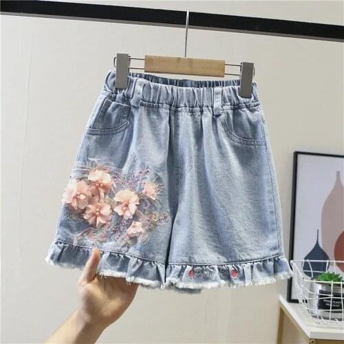 4-14 Years Kids Summer Denim Shorts For Girls Elastic Waist Flower Pearl Short Pants Teeaange Toddler Girl Blue Shorts 6 8 12 13