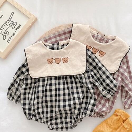 Spring Autumn Infant Girls Rompers Bib Clothes Long Sleeve Plaid Cartoon Bear Embroidery Jumpsuit Outfits Baby Boy Boutiques