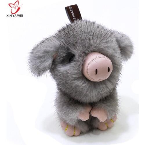 Fashion cute Mink Fur pig key chain leather rope Keychain Animal key ring holder fur Pompom for women girl bag pendant