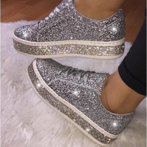 2021 new womens fashion Rhinestone Sequin thick soled leisure sports shoes large flat bottom lace up single shoes