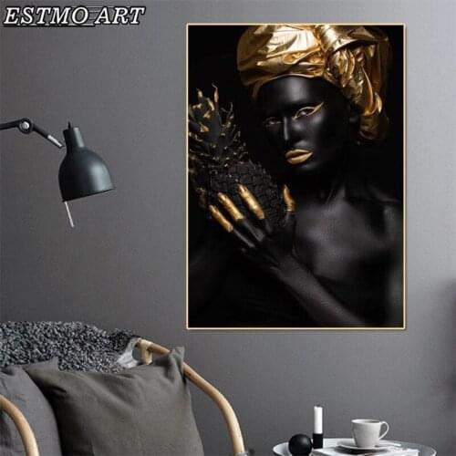 African Art Black and Gold Woman Pineapple Canvas Painting HD Abstract Figure Poster Wall Room Decoration Scandinavian Painting