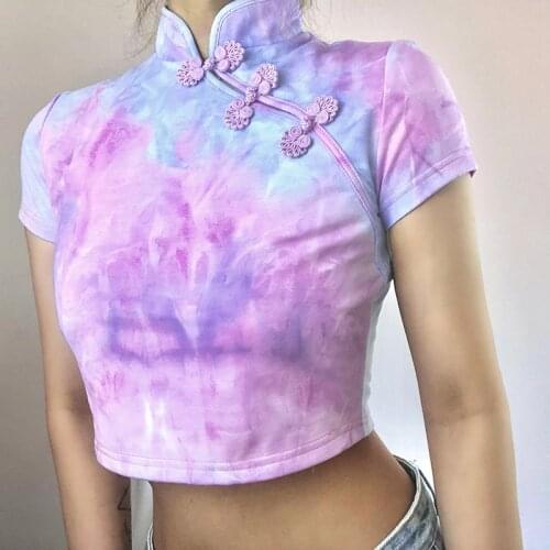 2020 Women Fashion Summer Clothes Cheongsam Chinese Style Short Sleeve Purple Tie Dye Elegant Button Female Tops Slim Shirts