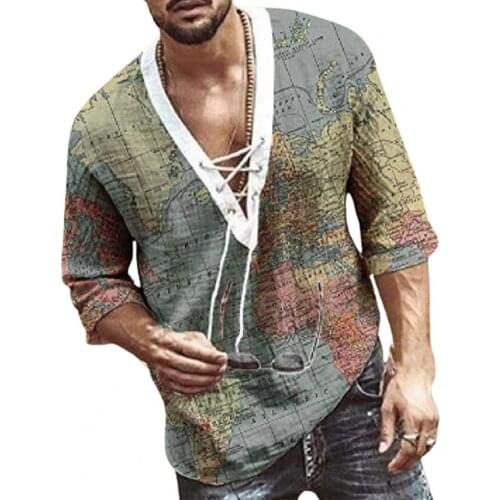 Map Print Vintage Men T-shirt V Neck Pullover Fashion Front Lace Up Casual Half Sleeve Slim Male Tee Shirt Tops Summer 2021