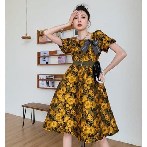 High Quality Women Summer Vintage Puff Sleeve Square Collar Ladies Elegant Jacquard Bowknot Party Vacation Knee Lenght Dress