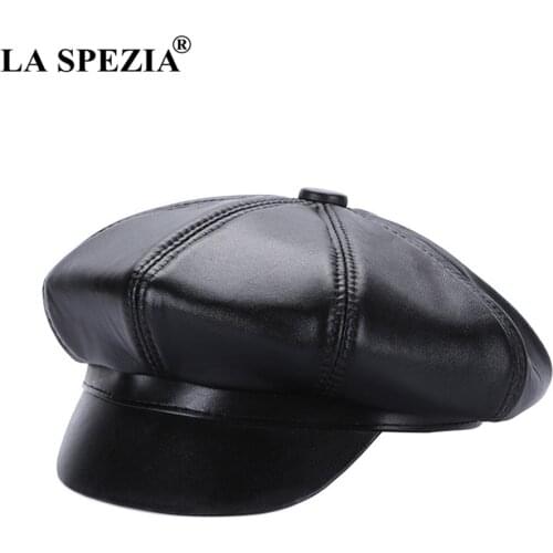 LA SPEZIA Women Sheepskin Octagonal Cap Genuine Leather Black Newsboy Cap Men Italian Design Real Leather Autumn Winter Hat