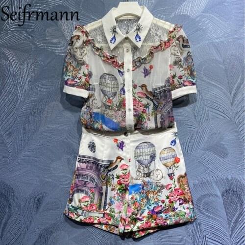 Seifrmann New 2021 Summer Women Fashion Designer Shorts Set Lantern Sleeve Loose Blouses + High Waist Floral Print Shorts Suits