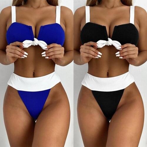 Womens Split Swimsuit Bowknot Contrasting Color Stitching Bikini Swimsuit Set