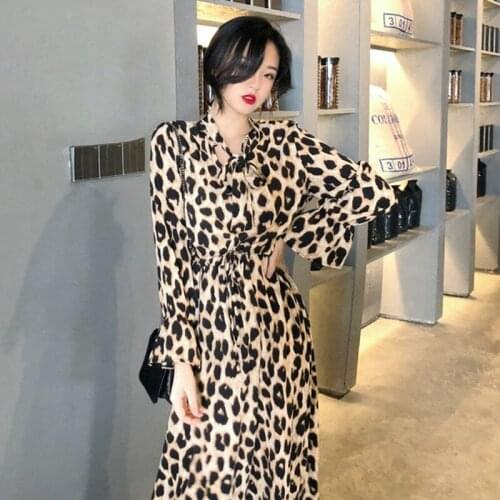 2020 Autumn Winter Women Dress Korean Elastic Waist Leopard Print Long Lace Up Ruffle Dress Vintage Slim Fit Femmin Vestidos