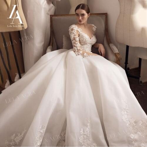 LelaAcra Long Sleeve Wedding Dress 2022 Appliques Gorgeous Court Train Ball Gown Princess Bridal Gown R107 Vestido De Novia