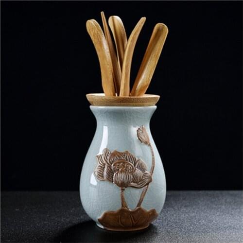 6Pcs/set Chinese Tea Ceremony Six Gentlemen Tea Set Ceramic Tea Buck Bamboo Tea Tray Scoop Clip Combination Accessory