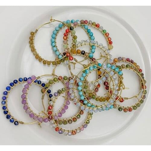 Bohemian Colorful Natural Stone Earrings Amethyst Opal Faceted Stone Earrings for Women Gold Color Round Shape Hoop Earrings