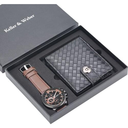 Wristwatch Gift Set Men Quartz Watches Brown Leather Watchband Black Wallets Male Purse Fine Birthday Present for Daddy Husband