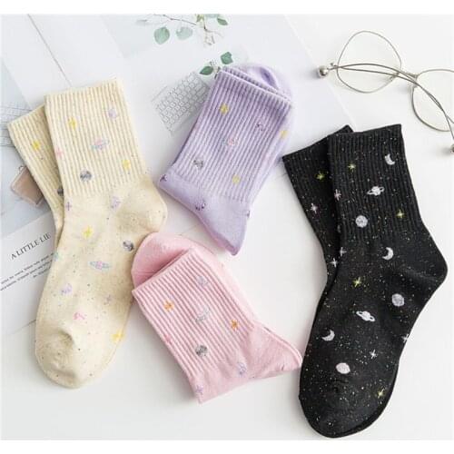 Long Socks Womens Universe Starry Sky Cotton Cute Harajuku Kawaii Multicolor Stocking Stars Moon Sports Leisure Socks Purple
